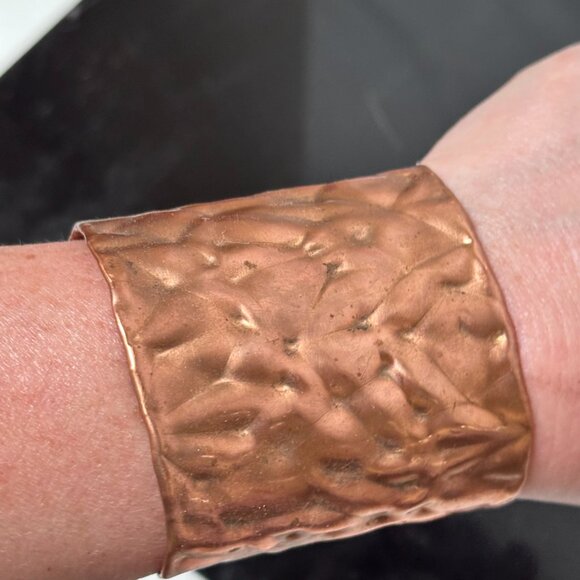 Solid Copper Cuff Bracelet Brutalist Modernist Handmade Statement Rustic Crinkle - Picture 6 of 13